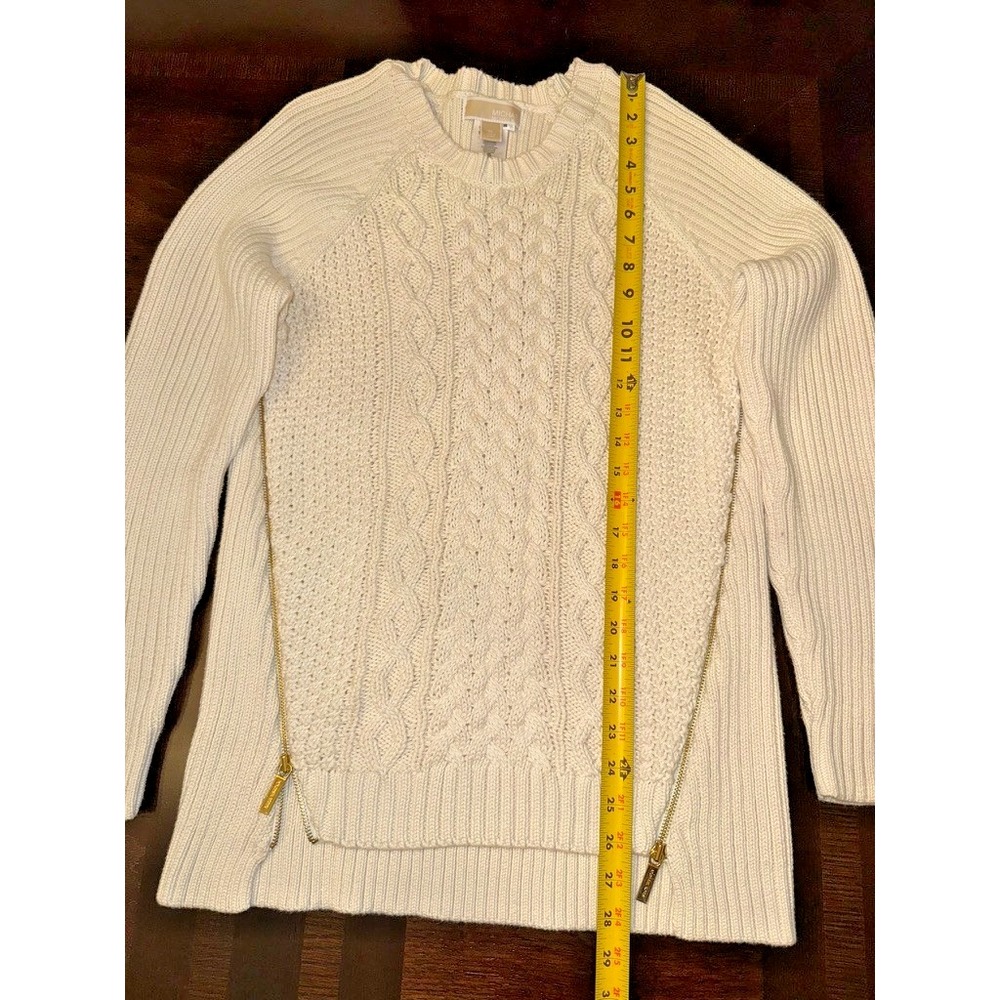 Michael Kors XL Cream Cable Knit Sweater Gold‎ Zip Side Pullover Cotton Blend - Picture 10 of 13